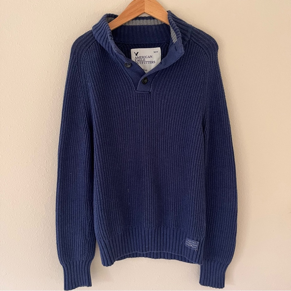 American Eagle Mens Y2K Henley Sweater Size Medium Ribbed‎ Preppy